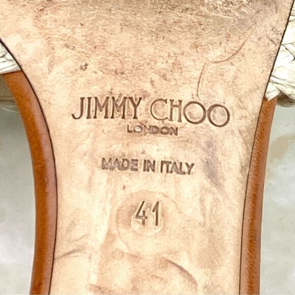 Jimmy Choo Granger Raffia-Wicker Heels Sandals Ivory Crystal Embellished Slides - Picture 11 of 13